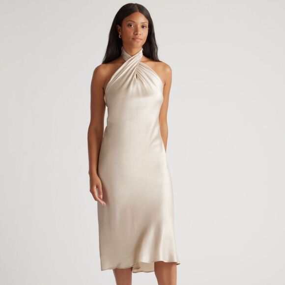 NEW Quince Silk Stretch Washable Twist Halter Midi Backless Dress Cream Size L - Picture 5 of 14